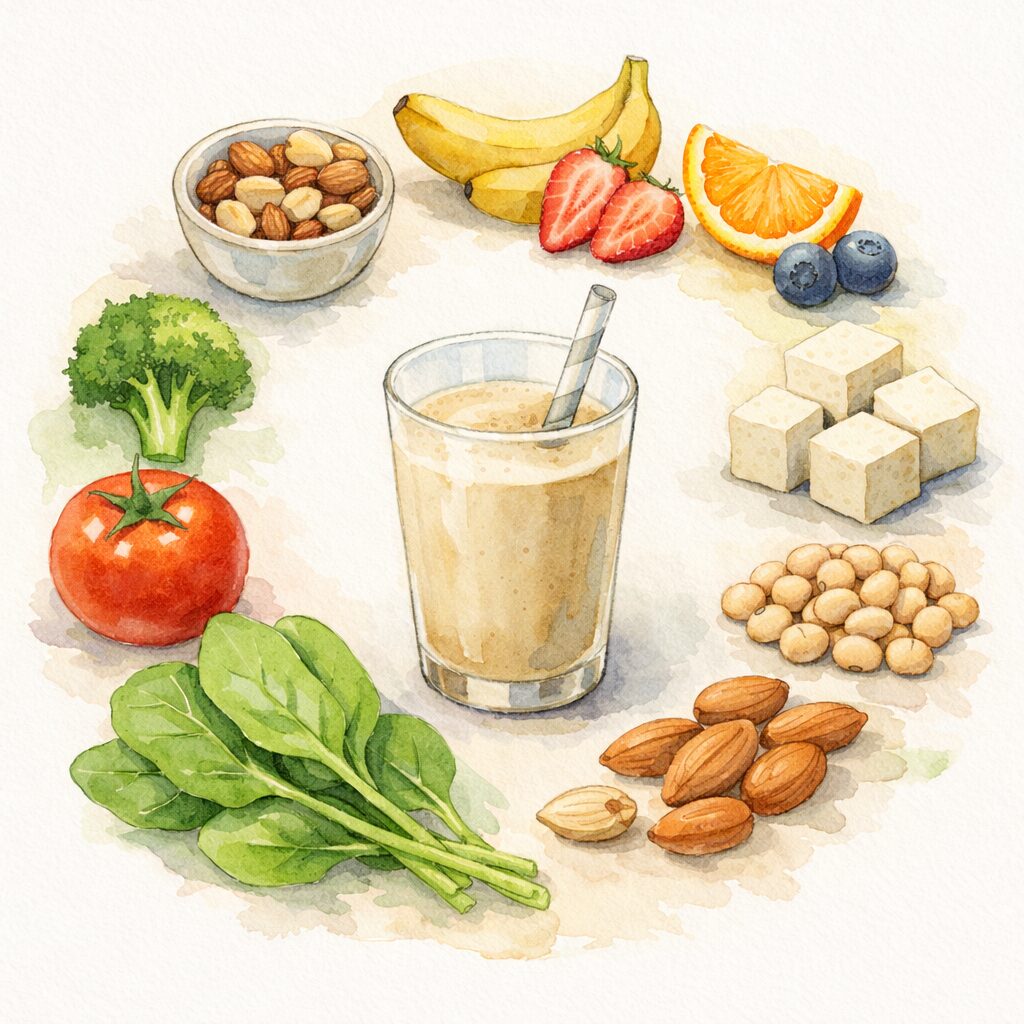 プロテインドリンクの周りに野菜や果物、大豆やナッツを円形に配置した栄養バランスを表す水彩イラスト