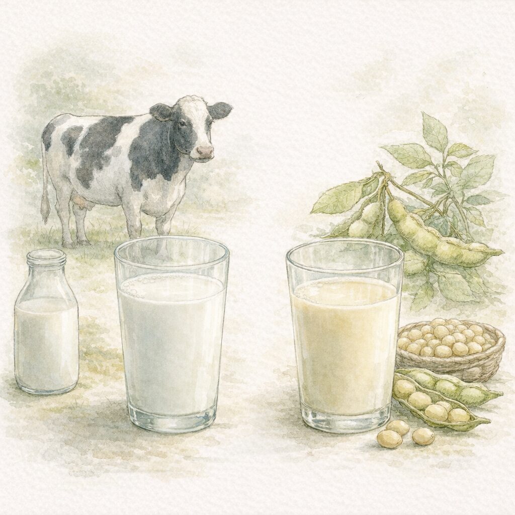 牛と牛乳、大豆と豆乳を並べて描いた水彩イラスト｜牛乳と豆乳の違いを示すイメージ