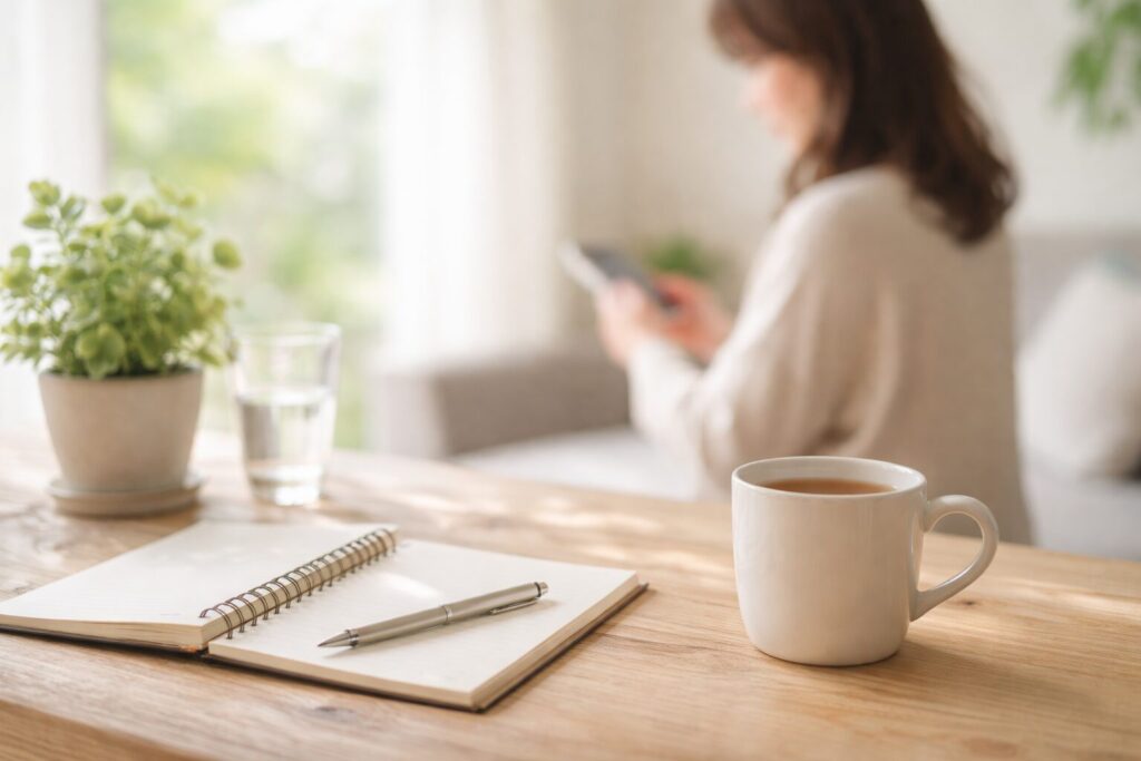 豆乳についてのよくある質問をイメージした、顔を写さずに手元だけを写した写真。テーブルの上に豆乳パックとノートが置かれ、落ち着いた雰囲気で情報を確認している様子