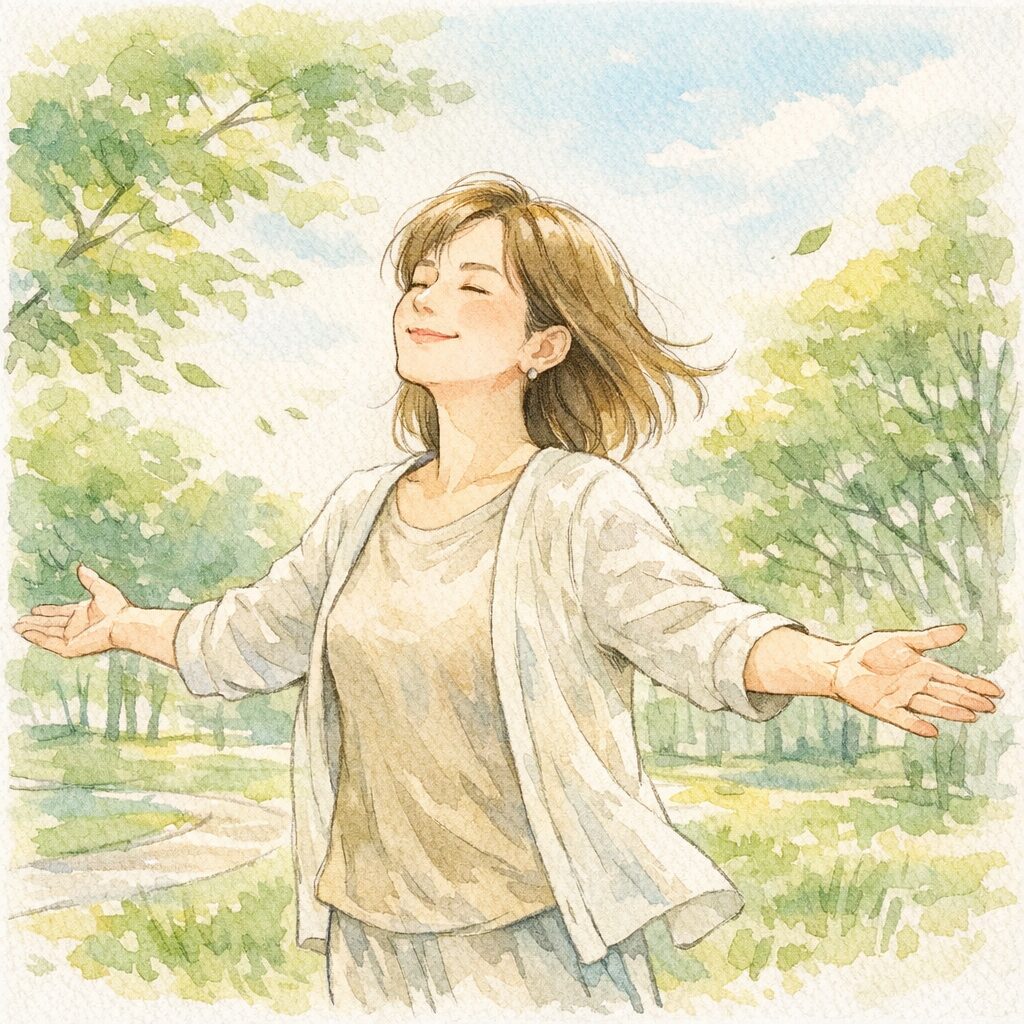 公園で両手を広げて深呼吸する穏やかな40代女性の水彩イラスト