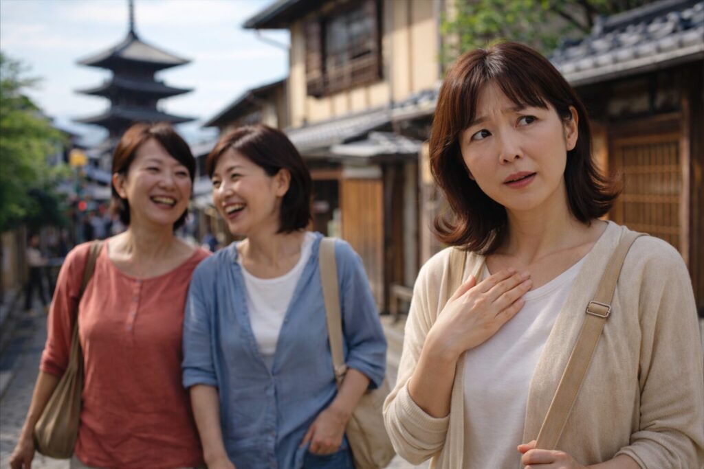 京都旅行中、友人は笑顔で歩く中、体の変化にふと疑問を感じる40代女性の様子