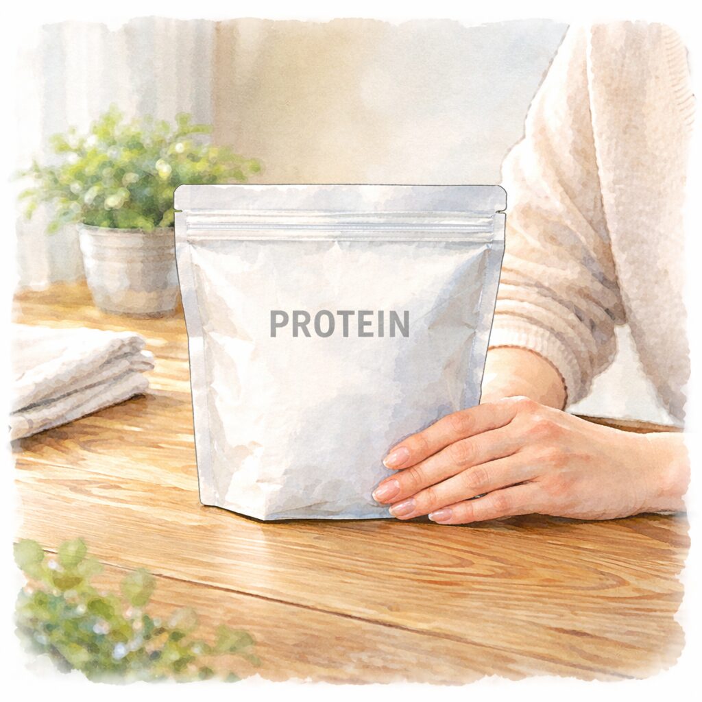 テーブルに置いたプロテイン袋にそっと手を添える様子を描いた水彩スクエアイラスト