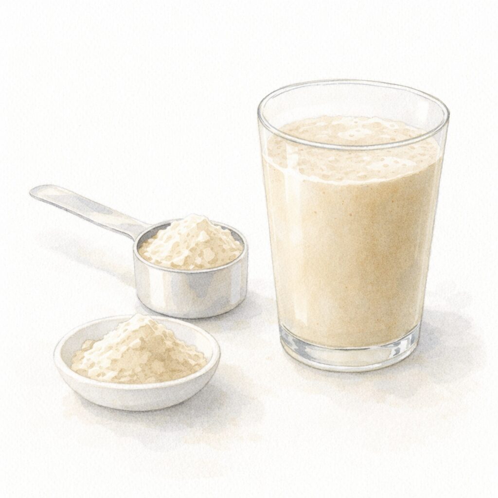 1食分のソイプロテイン量をイメージしたグラスと計量スプーンの水彩イラスト