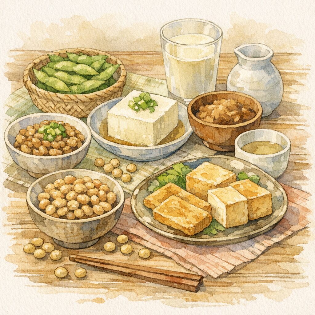 納豆や豆腐、枝豆など、日本で身近な大豆食品が並んだ食卓のイメージ