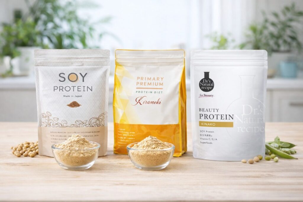3種類のソイプロテイン商品を横並びに配置し、それぞれの粉をガラスボウルに入れて比較している写真