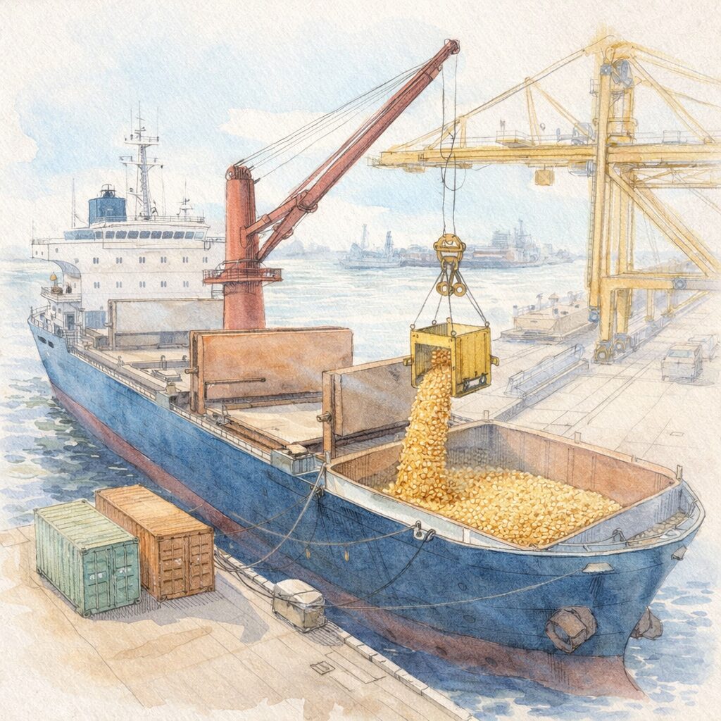 海外から日本へ輸入される大豆を船で荷揚げする港の風景イラスト