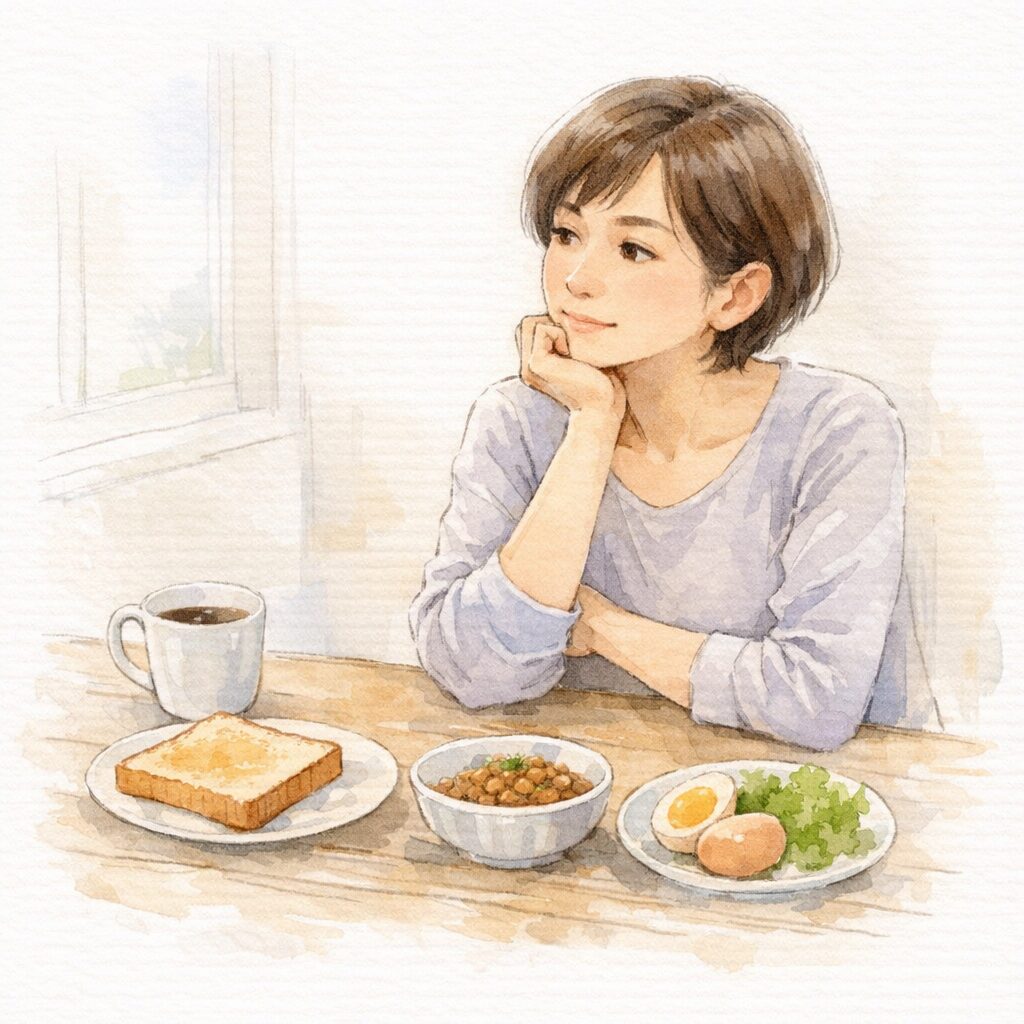 40代女性が朝食のたんぱく質量を考えながら食事だけで補う難しさを感じている水彩イラスト