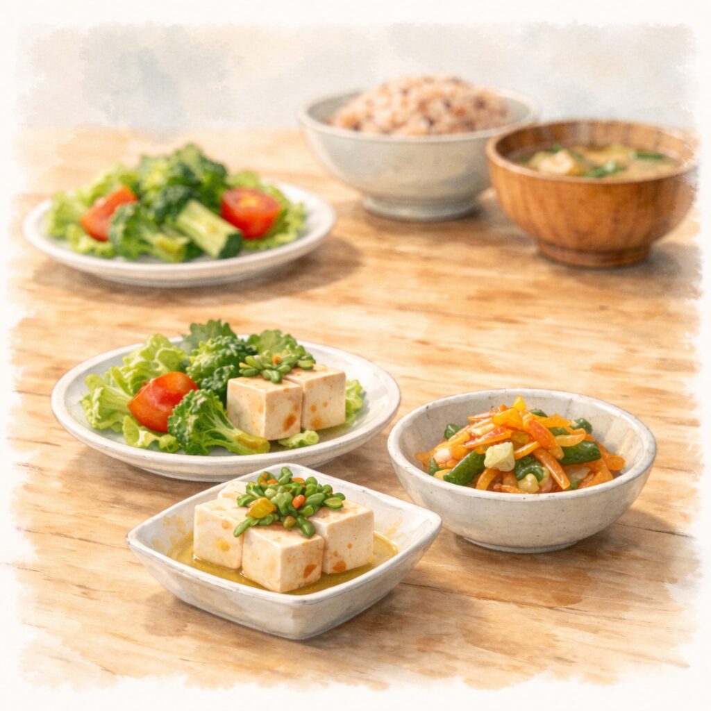 手前に複数の副菜が並び、奥に主食がぼかして配置された食卓の水彩イラスト