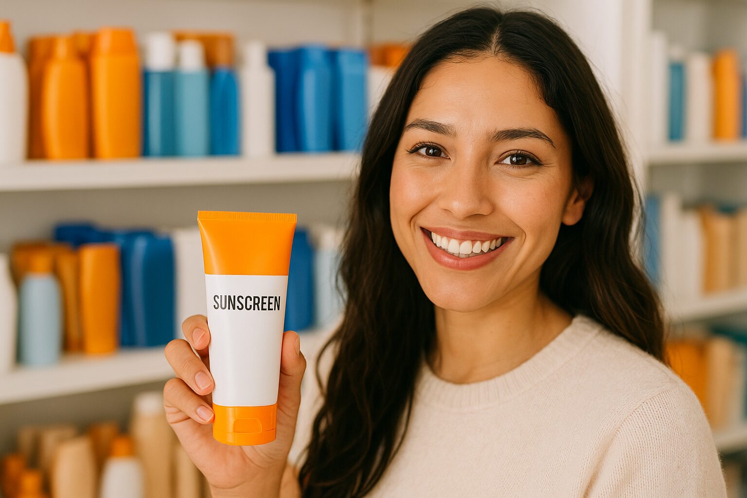 SUNSCREENを手に持ち笑顔の女性