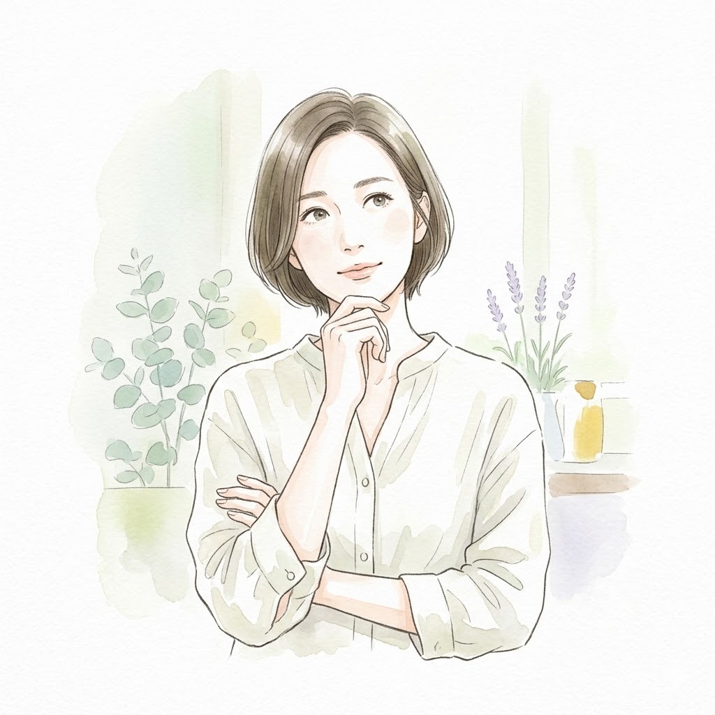 プロテインに対して素朴な疑問を抱いて考え込む女性の水彩画