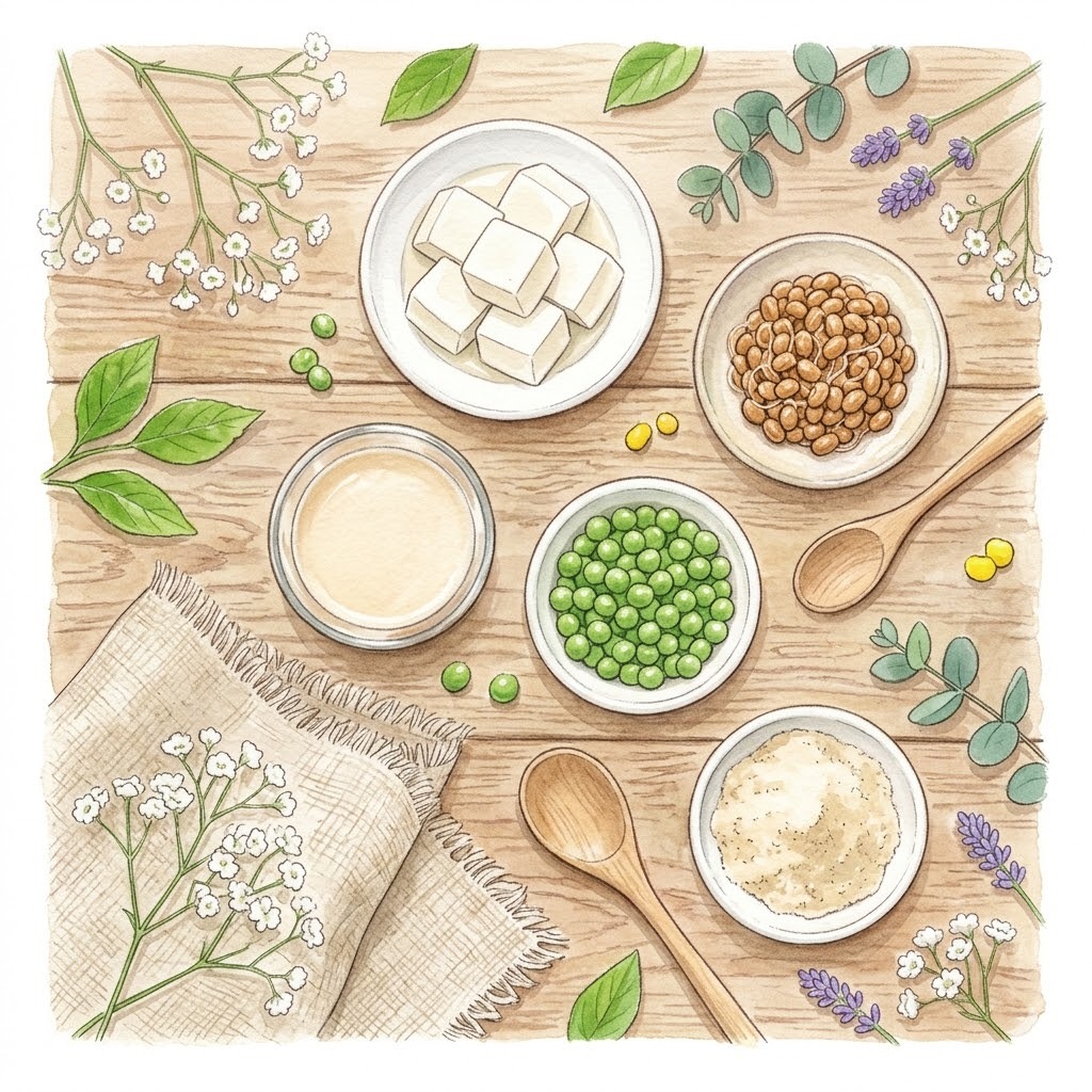 豆腐・納豆・豆乳・えんどう豆・プロテインなど植物性たんぱく質食材の俯瞰水彩画