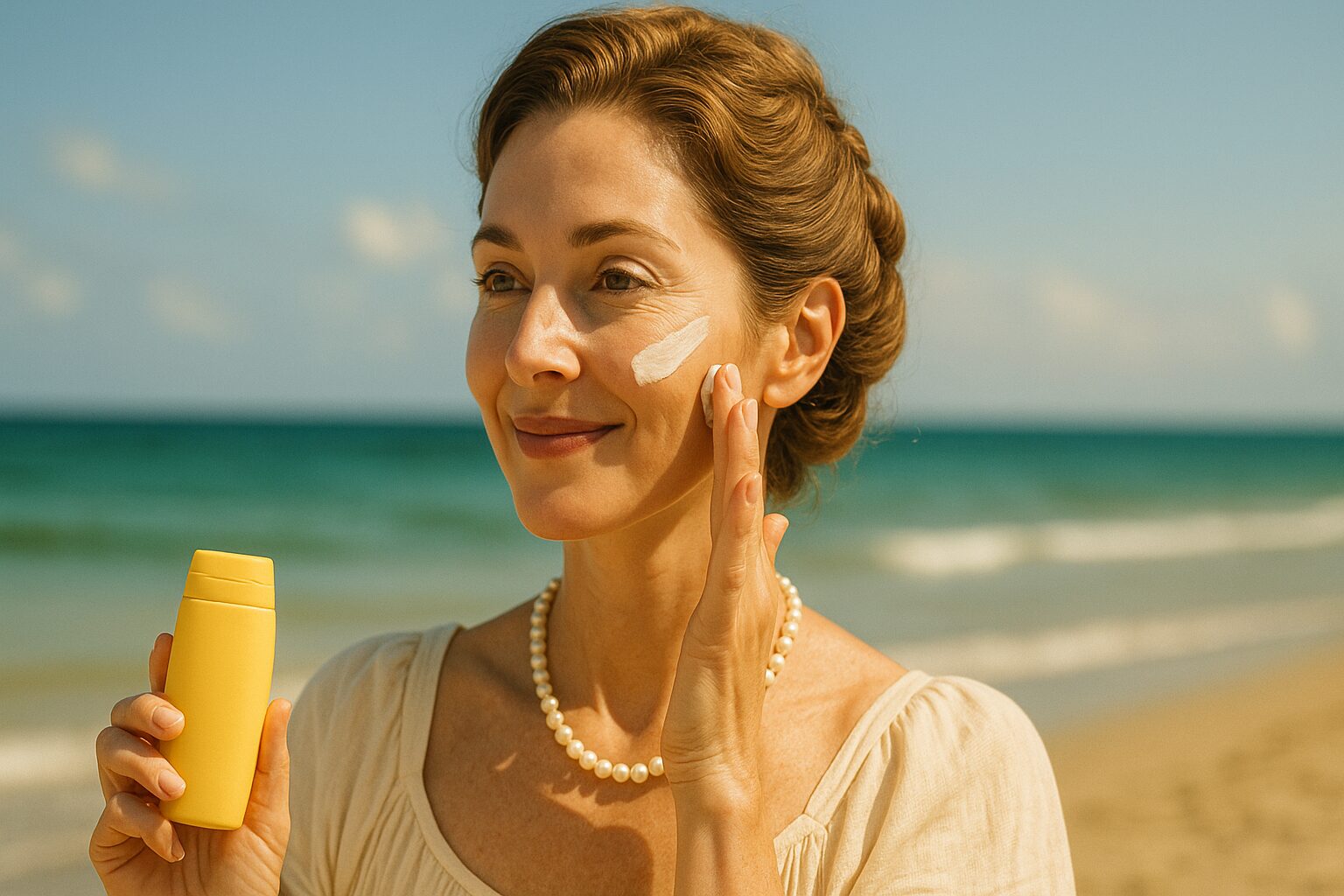 海辺でヴィーガン日焼け止めを塗るアラカン世代の女性