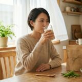GIULIAえんどう豆プロテインを豆乳で割って朝のキッチンで飲む女性