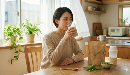 GIULIAえんどう豆プロテインを豆乳で割って朝のキッチンで飲む女性