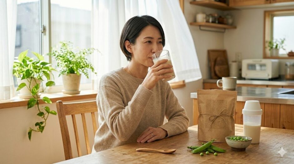 GIULIAえんどう豆プロテインを豆乳で割って朝のキッチンで飲む女性