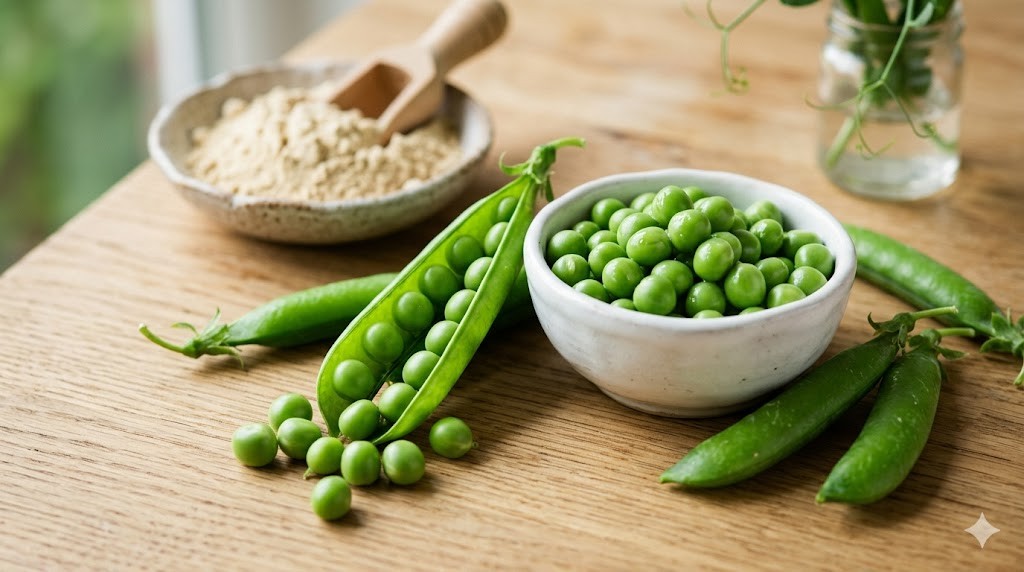 新鮮なえんどう豆と粉末状のえんどう豆プロテイン