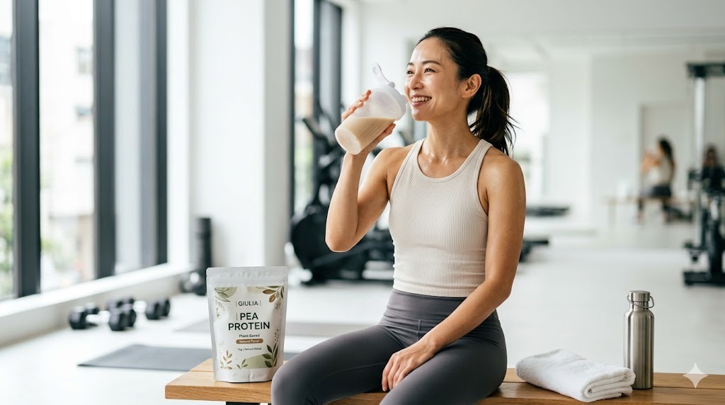GIULIAえんどう豆プロテインをジムで飲む健康的な女性