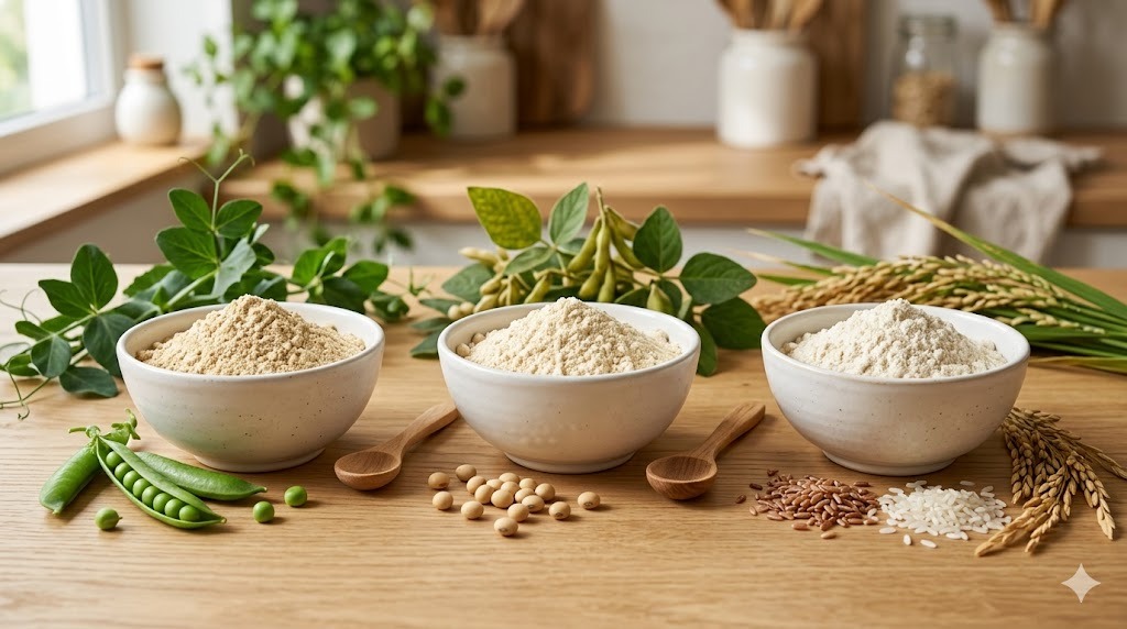 3種類の植物性プロテイン（えんどう豆・大豆・米）の比較