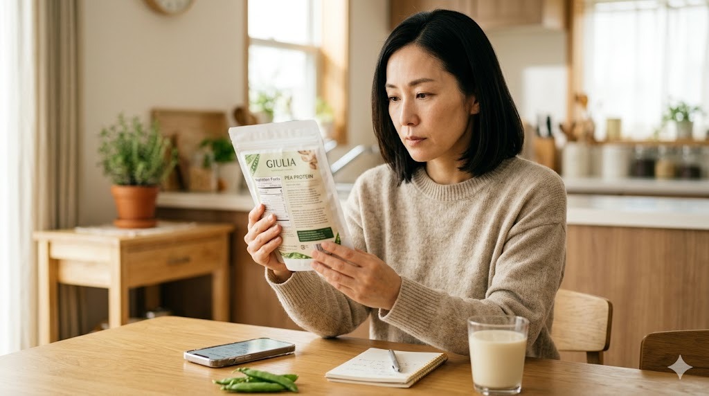 GIULIAえんどう豆プロテインのパッケージを手に取って吟味する女性