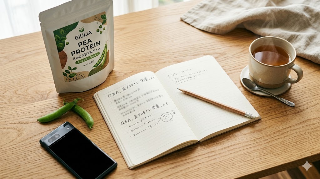 GIULIAえんどう豆プロテインのパッケージとノート、ハーブティーの俯瞰