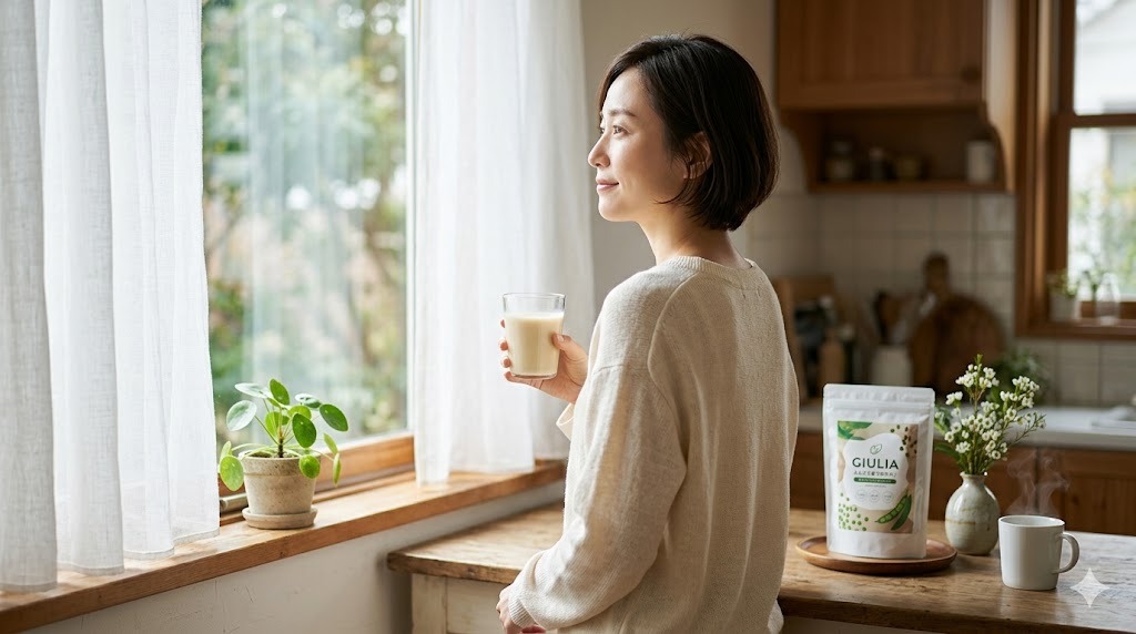 朝のキッチンでGIULIAえんどう豆プロテインのドリンクを飲む女性