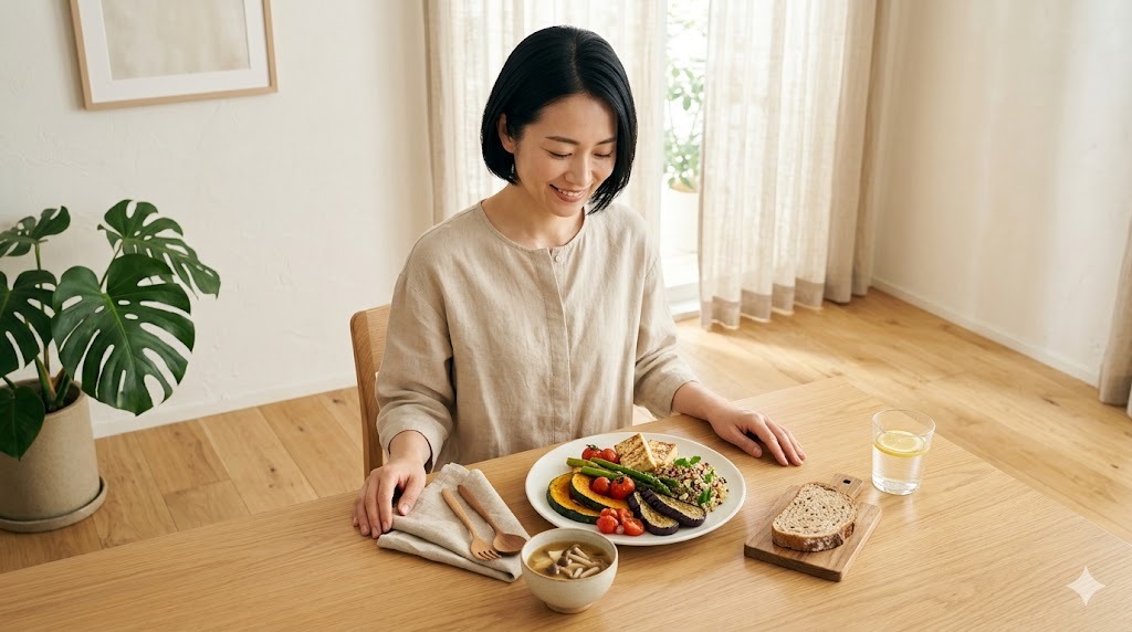 40代からのヴィーガンが知りたいOisixの2つの安心｜植物性料理を笑顔で味わう女性とシンプルで洗練されたダイニング