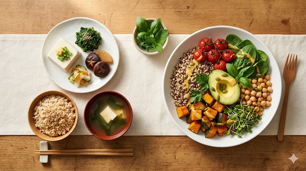 ヴィーガンの安心｜Plant Oisix風の和の植物性プレートとPurple Carrot風のヴィーガンボウルが並ぶ二本柱の食卓