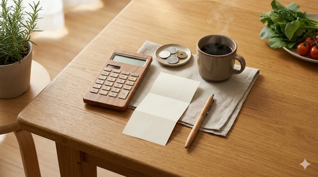正直に解説するデメリット｜電卓とレシート、コーヒーと少量の小銭で月の食費を見直す落ち着いた食卓の静物画