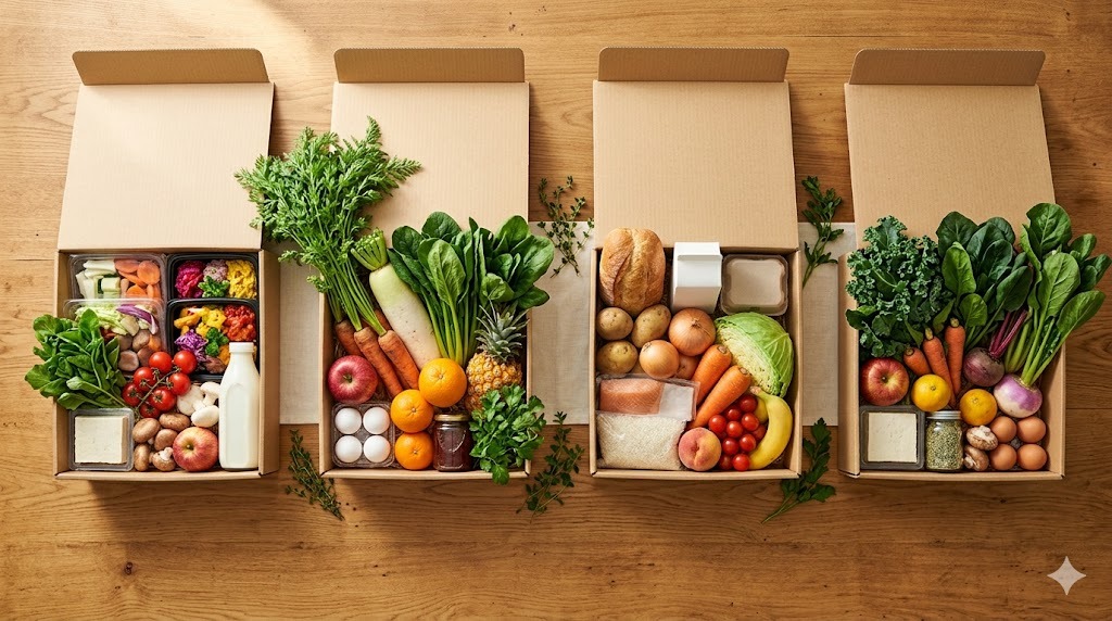 競合宅配と徹底比較｜4つの同サイズの段ボール箱に各社の特徴を表す豊富な食材が同等に詰まった公平な比較俯瞰