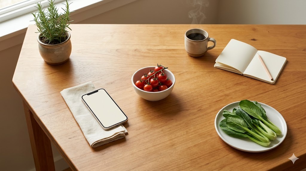 ヴィーガン視点のQ&Aと口コミ｜スマホとコーヒー、無地ノート、チェリートマトと葉物野菜で口コミを読んで考える朝の静かな風景