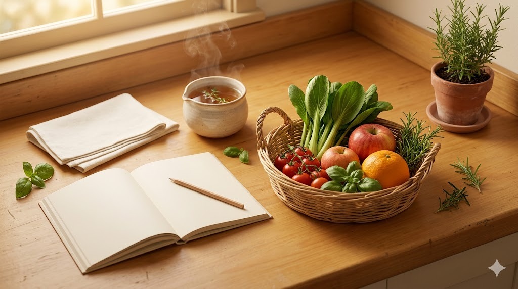 おわりに｜2つの安心を自分のペースで｜籐カゴに彩り野菜と果物、開いた無地のレシピ本、湯気の立つカップと夕方の柔らかい光のキッチンカウンター