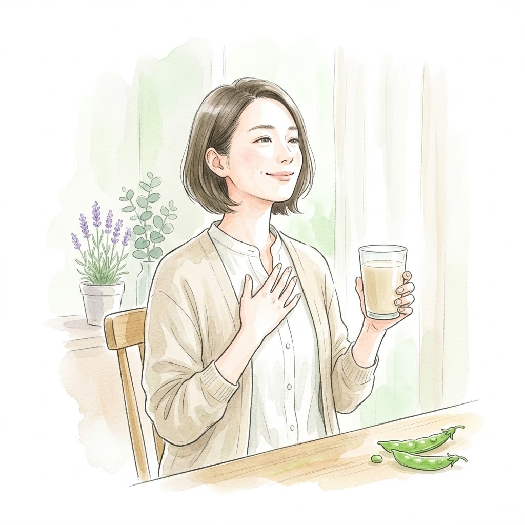 消化にやさしい植物性プロテインで穏やかに微笑む女性
