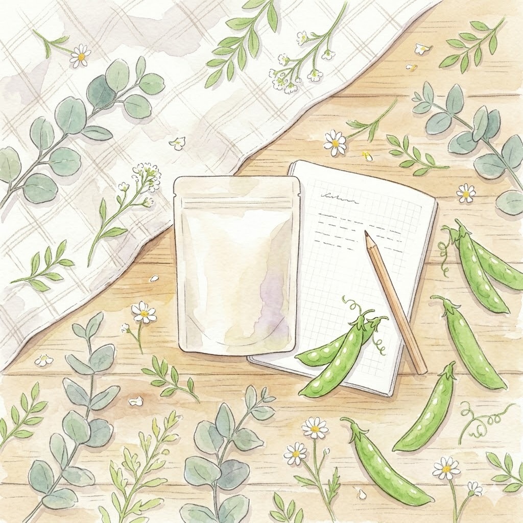 商品スペックを示す、ノートとパッケージとえんどう豆の俯瞰イラスト
