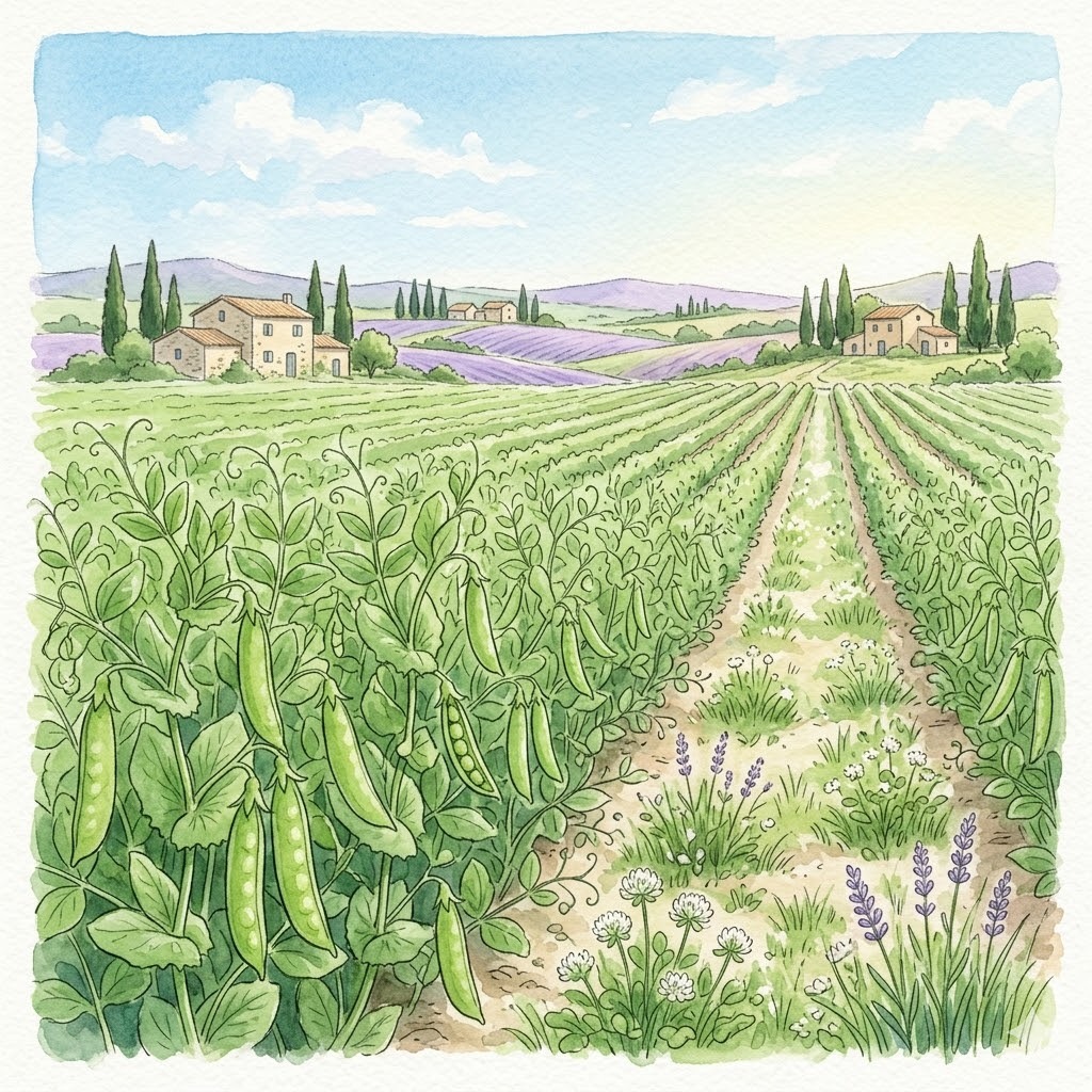プロヴァンスのなだらかな丘陵に広がるえんどう豆畑の水彩画