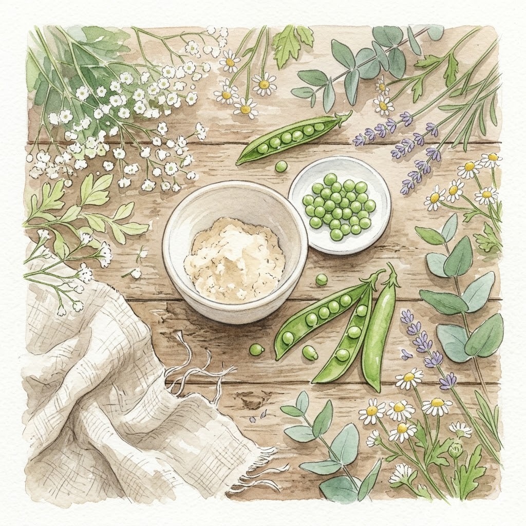 無添加の植物性プロテインパウダーと新鮮なえんどう豆の俯瞰イラスト