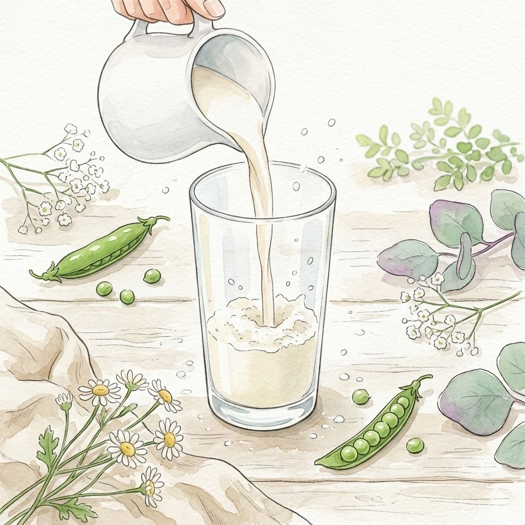 豆乳をガラスのコップに注いでいる瞬間の水彩画