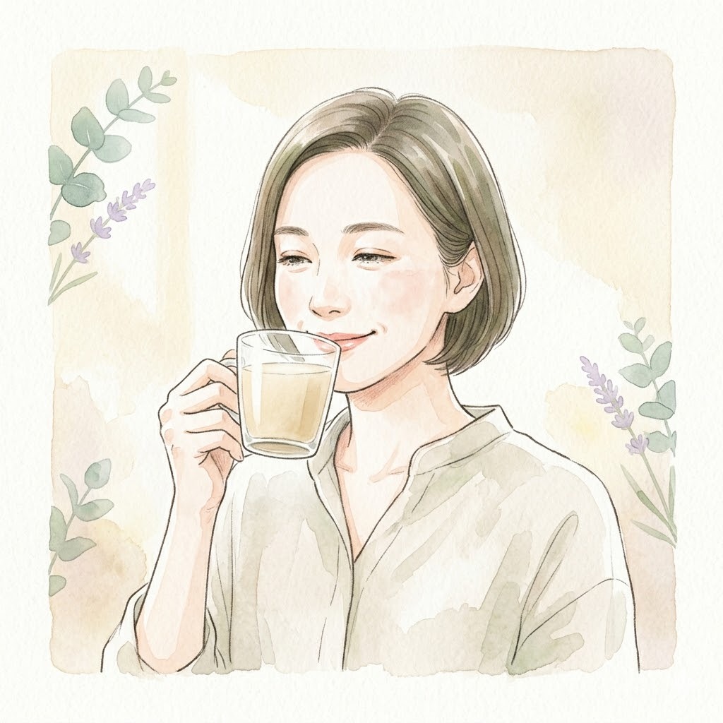 プロテインドリンクを一口飲んで穏やかに微笑む女性の水彩画