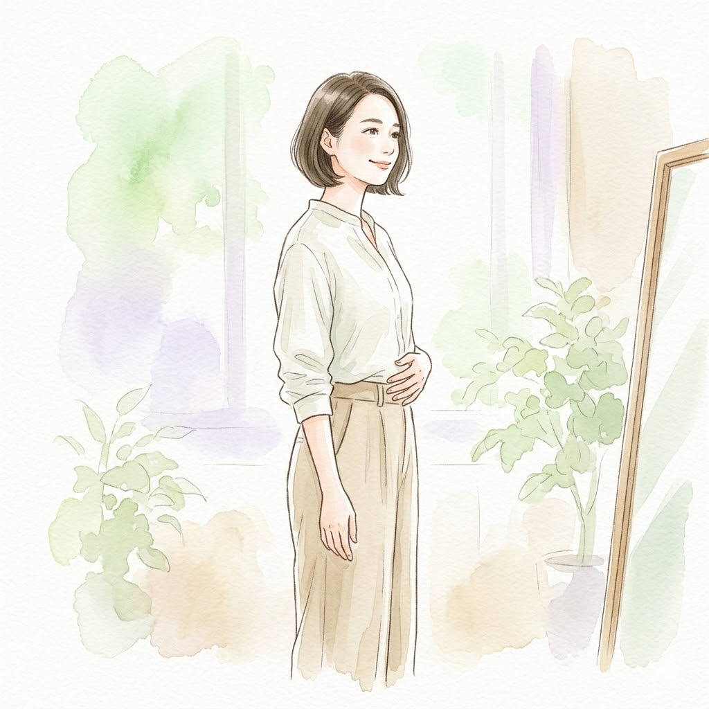 体重の変化を実感し、お腹に手を添えて穏やかに微笑む女性の水彩画