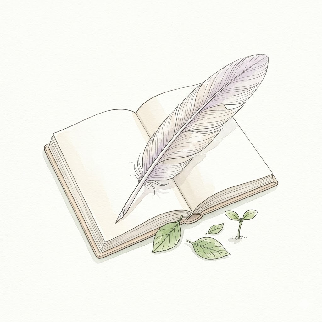 なぜ40代からのヴィーガンに安心が必要なのか｜羽根ペンと開いた本と若い葉の水彩イラスト