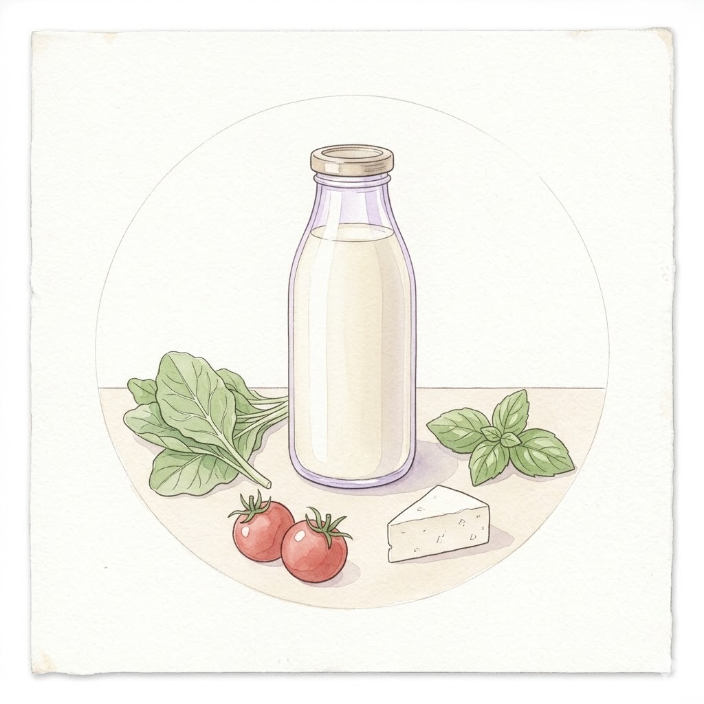 ヴィーガンの安心｜豆乳ボトル・葉物・トマト・豆腐・ハーブで植物性食材を象徴する円形静物画の水彩イラスト