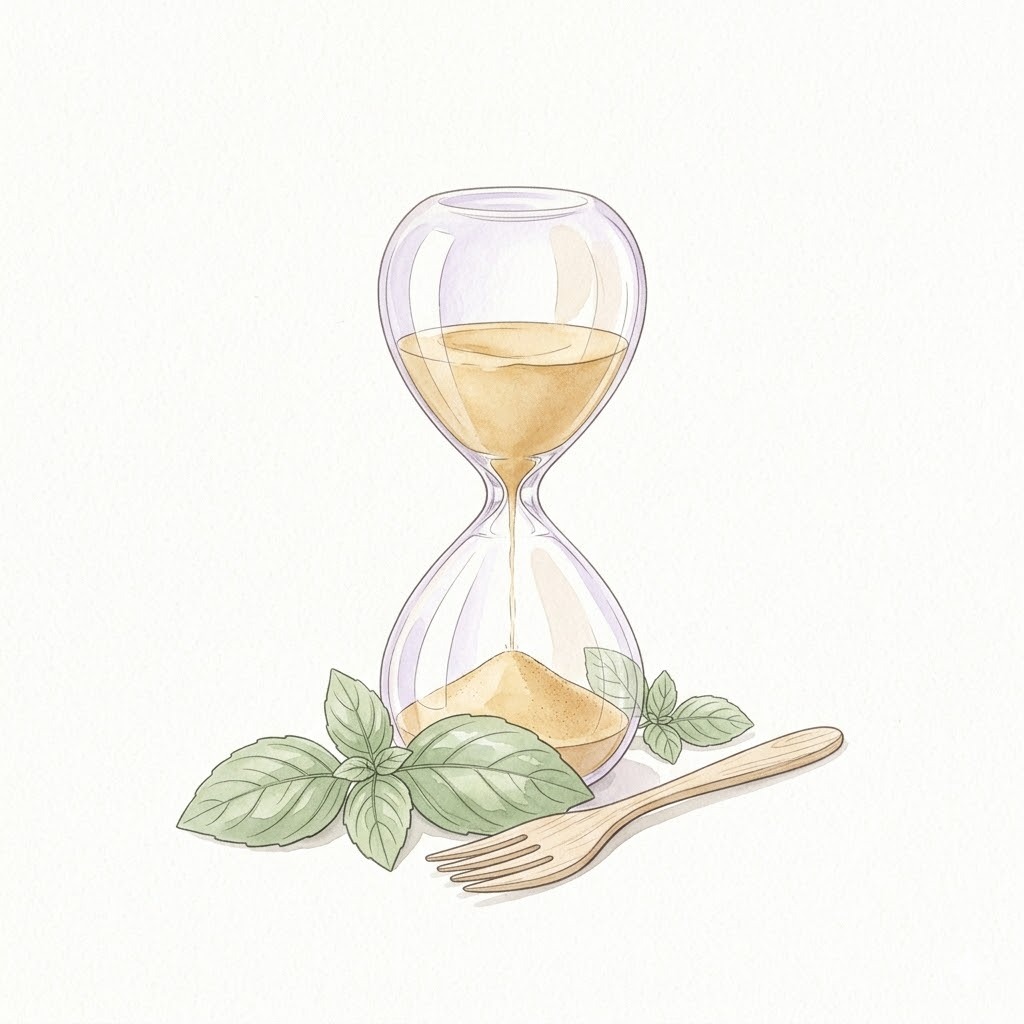 手軽の安心｜砂時計と葉と木のフォークで「20分で完成」と時短を象徴する水彩イラスト