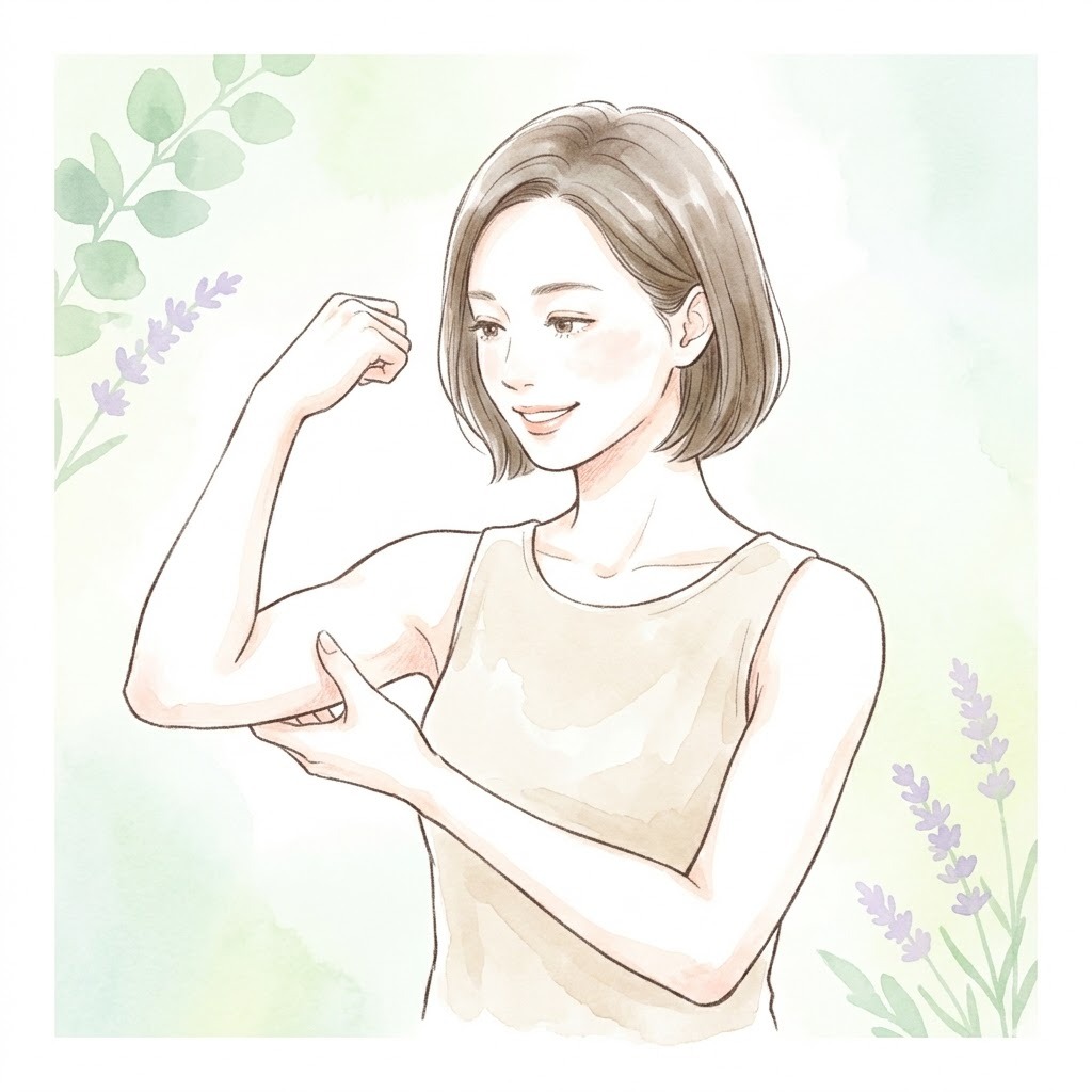 腕に手を添えて筋肉が保たれていることを実感する女性の水彩画