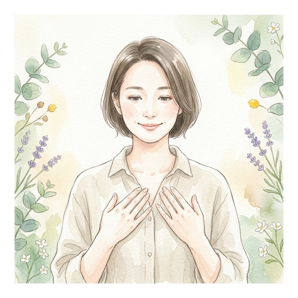 植物性プロテインが自分にぴったりと感じて納得する女性の水彩画