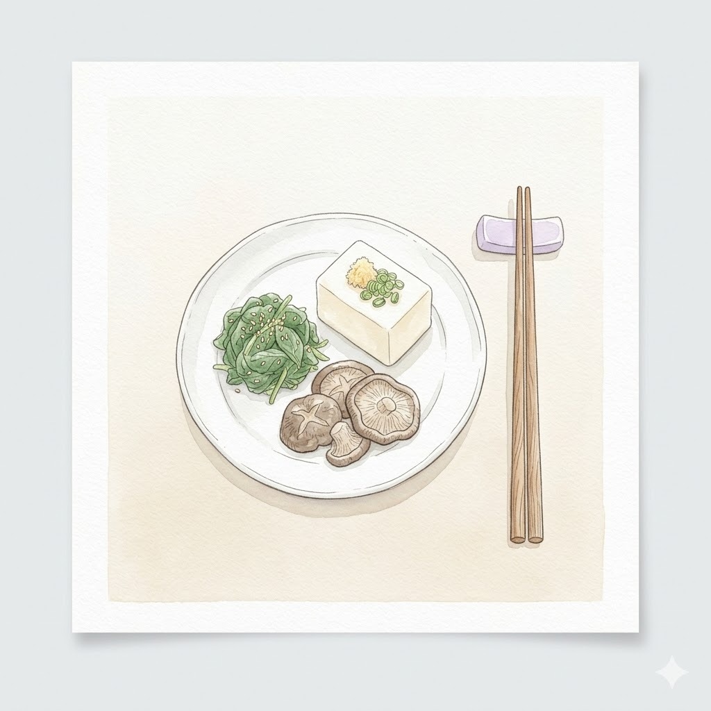 Plant Oisix│植物性専門ブランドを象徴する和の小皿と豆腐とホウレン草ゴマ和えの水彩イラスト