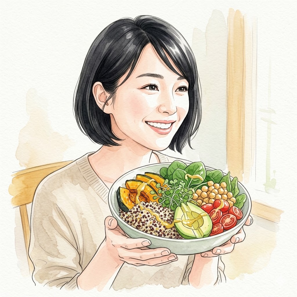 Purple Carrot│米国発の本格ヴィーガンボウルを楽しむ透明感のある35歳日本人女性の水彩イラスト