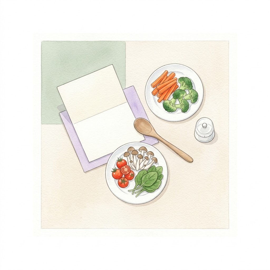 20分で完成するKit Oisixの時短理由｜レシピカードとカット済み野菜とタイマーを描いた水彩イラスト