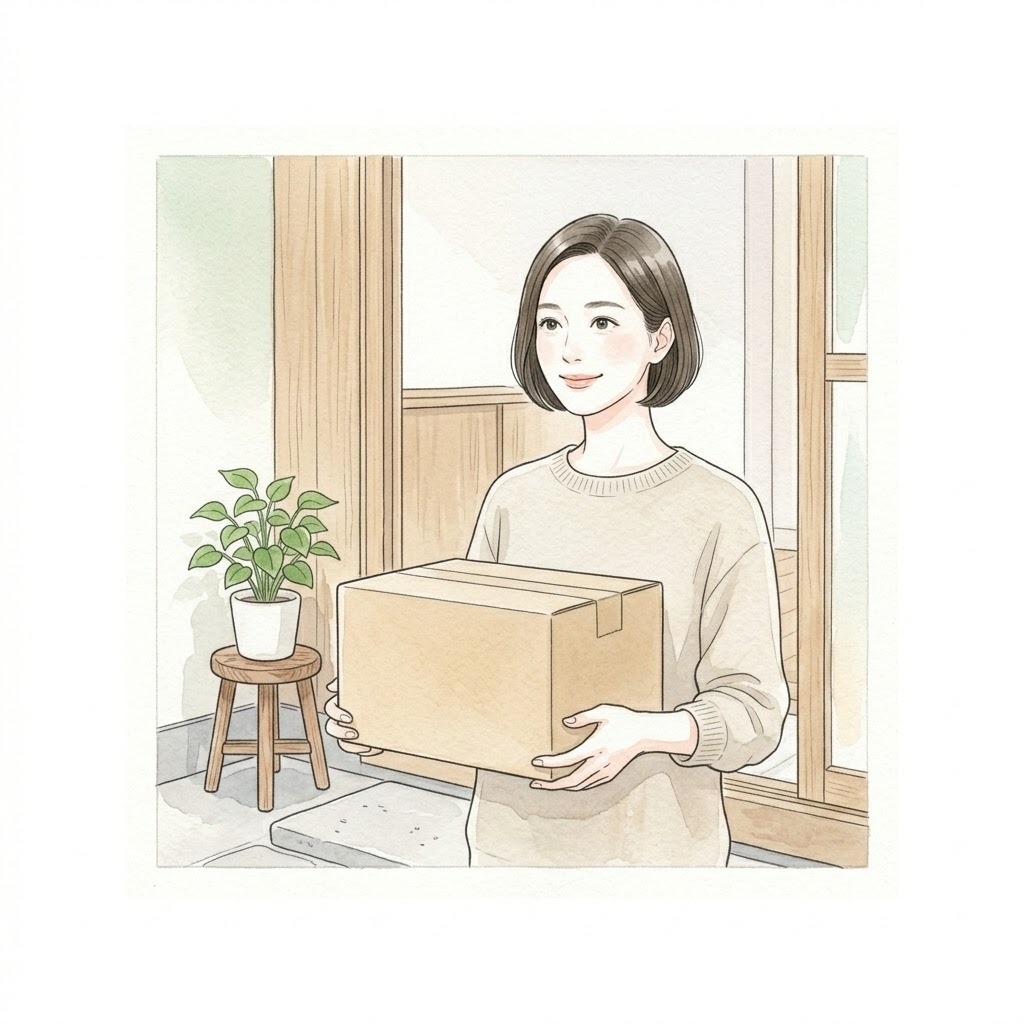 買い物の重さから解放｜玄関で宅配箱を受け取る35歳日本人女性の水彩イラスト