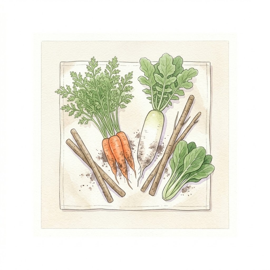 無農薬・低農薬野菜｜泥付きの人参・大根・ごぼうと葉物野菜を描いた水彩イラスト