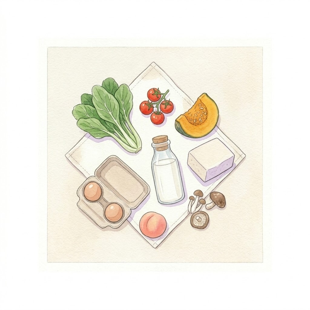 おためしセットの中身｜さまざまな植物性食材を並べた俯瞰の水彩イラスト