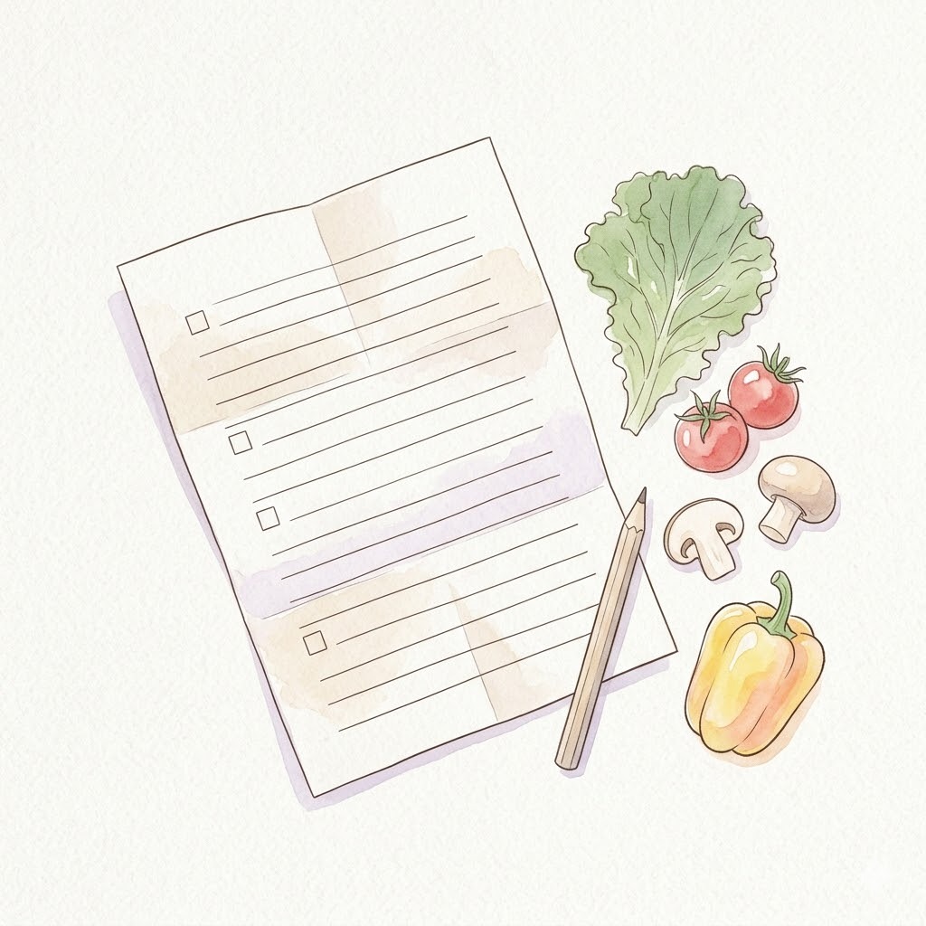 デメリット②中身を自由に選べない｜無地チェックリストとペンと彩り野菜の水彩イラスト